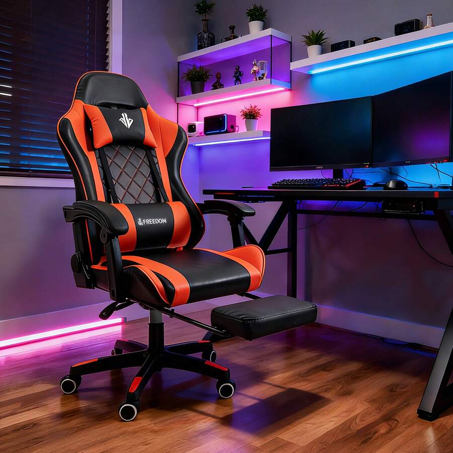 Silla gaming ergonómica, regulable, con reposapiés, apta para uso doméstico y de oficina, cómodo reposacabezas y soporte lumbar. - Rojo - Ver 1