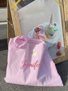 Customizable Striped Tote Bag With Name Logo And Floral Text, Canvas Underarm Handbag, Large Capacity Beach Tote And Shoulder Bag - Pink - View 7