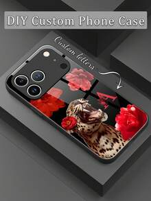 1pc Customized Letter, Red Rose & Leopard Pattern, TPU Soft Edging + Tempered Glass Back Phone Case Compatible With Samsung S24 Ultra/S25 Ultra And Apple 17 Pro Max/16 Pro Max/15 Pro/14 Plus/13 Pro/12 Pro Max/11/Xs Max/8/7/6 Plus Phone Accessories - Black - View 1