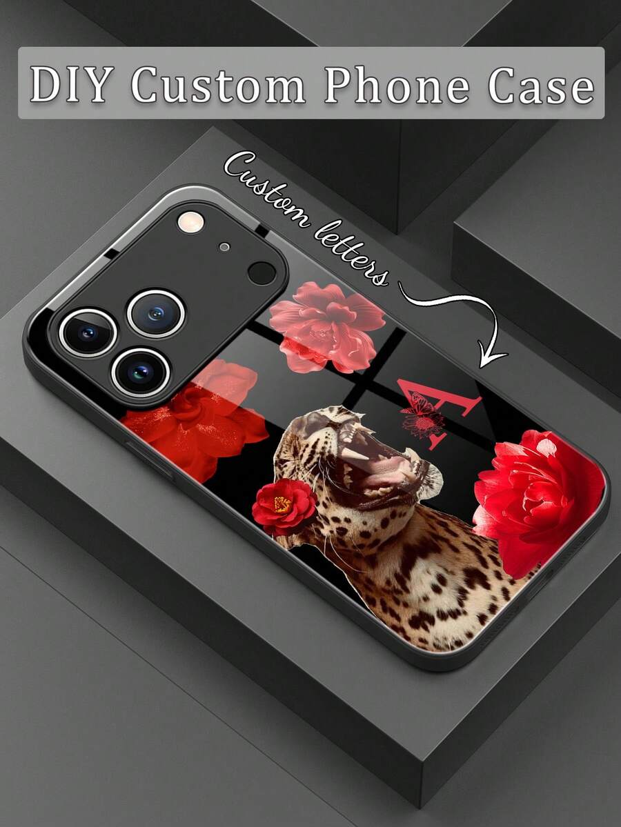 1pc Customized Letter, Red Rose & Leopard Pattern, TPU Soft Edging + Tempered Glass Back Phone Case Compatible With Samsung S24 Ultra/S25 Ultra And Apple 17 Pro Max/16 Pro Max/15 Pro/14 Plus/13 Pro/12 Pro Max/11/Xs Max/8/7/6 Plus Phone Accessories - Black - View 1