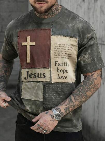 复古拼接图案T恤，色彩鲜艳，穿着舒适，耶稣十字架信仰图案，保暖圆领T恤，适合日常穿着。