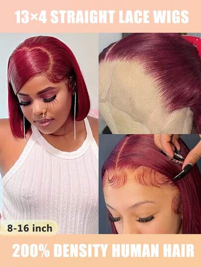 【16英寸酒红色波波头假发】优雅短款波波头蕾丝前假发，13x4透明蕾丝前假发，200%密度，短直波波头假发，真人发，预先拔毛，适合角色扮演和日常佩戴。时尚直短波波头假发，真人发，适合初学者，99J易戴假发，预先拔毛，预先剪裁，优雅日常及特殊场合发型，适合女性。8-16英寸酒红色直短波波头假发