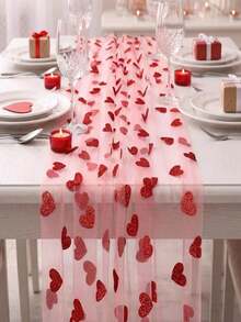 1/4pcs Valentine's Day Table Runner 70*300cm Shiny Heart Sheer Fabric Table Runner, Pink Lace Tablecloth Suitable For Valentine's Day, Anniversary, Wedding Proposal Party, Home Candlelight Dinner Decor - Nhiều màu - Xem 5