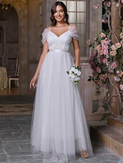 Women's Elegant Solid Color Romantic Mesh Zipper Criss-Cross Bridal Shower Wedding Dresses For Bachelorette Party, Engagement Brunch, Honeymoon Reception, Rehearsal, Wedding Party, Graduation Party, Prom, Spring/Summer/Autumn