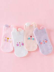 4 Pairs Baby/Newborn Cute Cat Design Socks With Adorable Animal Face And Ear Decor, Great For Outings - Multicolor - View 6