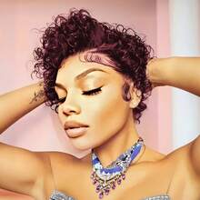 Afro Curly Bob Wig For Women Lace Front Curly Short Pixie Cut Wig Human Hair For Women 13x4x1 T Part Lace Frontal Wigs Chic Elegent Black, 99J Burgundy Colored Short Curly Wigs Pixie Wigs For Black Women 150% Density Layered Pixie Wigs With Bangs Real Human Hair - Multicolor - View 6