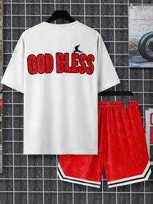 Men's Fashion Street Style Figure Print Round Neck Short Sleeve Top And Shorts Set - Multicolor - View 3