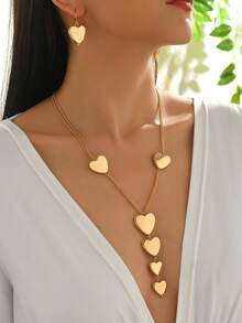 2pcs/Set Fashionable Metallic Geometric Heart Shaped Hammered Texture Graduated Size Exaggerated Extra Long Pendant Necklace & Earrings Set, Personalized Jewelry Set, Snake Bone Chain Y-Necklace, Pendant Necklace, Holiday Party Jewelry Set, Formal Dress Accessory Set, Valentine's Day Jewelry Set - Yellow Gold - View 7