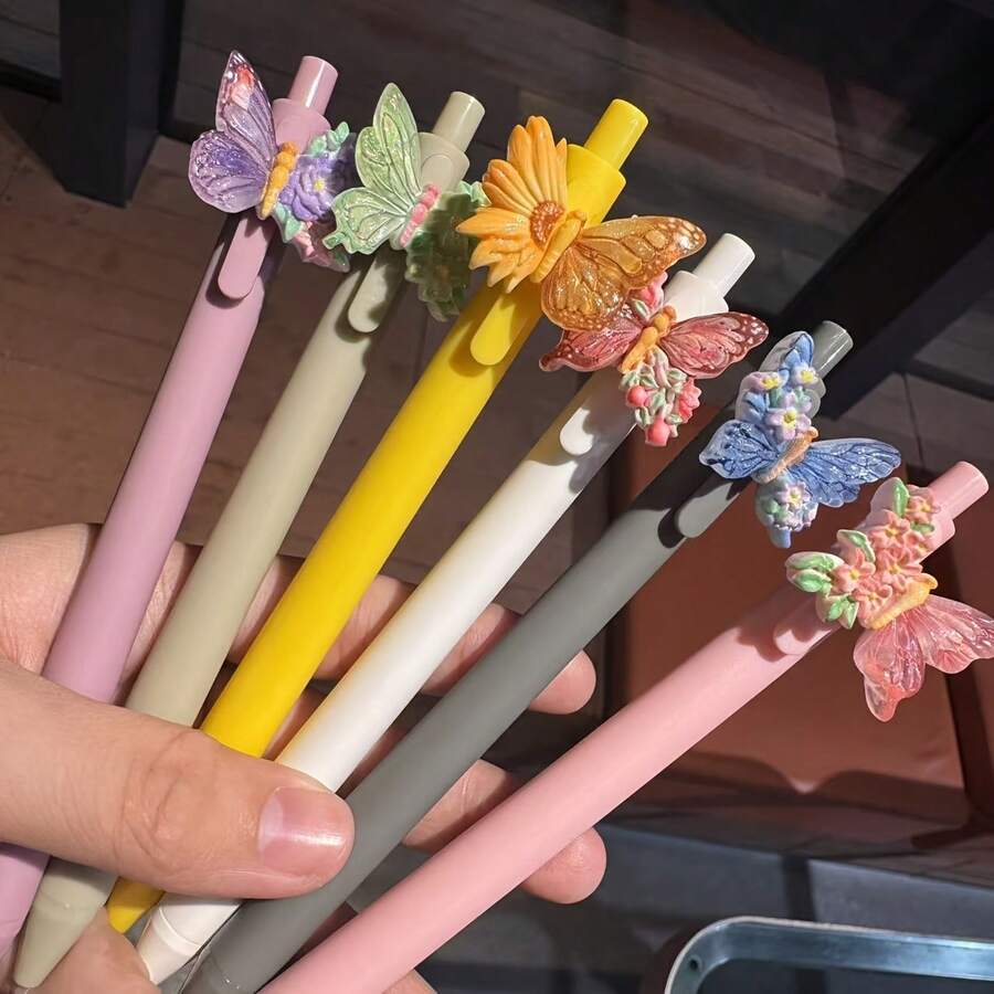 6支装花卉蝴蝶派对可爱文具礼品,蝴蝶图案黑色圆珠笔,时尚蝴蝶装饰优雅圆珠笔,款式和颜色多样,派对回礼 - 彩色 - 查看 1