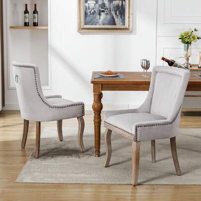 Luxury Dining Chairs (Living Room Chairs, Set Of 2), Cushioned Chairs With Studded Headrests, Solid Wood Legs, Velvet Upholstery, Grey