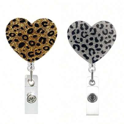 1 pieza Portabadge con forma de corazón con brillo de leopardo y clip de caimán, portabadge retráctil y divertido adecuado para tarjetas de identificación, maestros, médicos, regalos festivos y regreso a la escuela