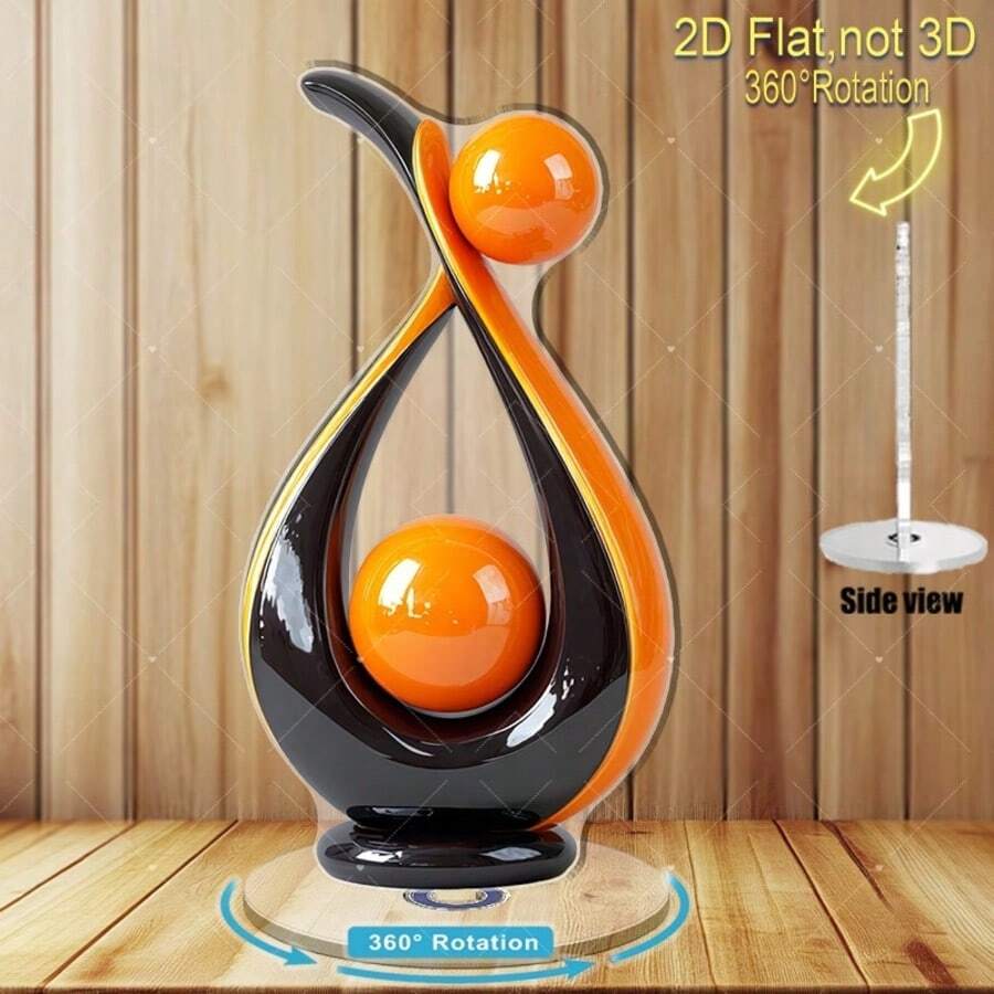 2D现代抽象旋转球雕塑 - 黑色和橙色亚克力材质，360°旋转底座，手动操作，适用于家居/办公室装饰、节日及日常现代艺术摆设，无需用电，塑料旋转顶盖，可放置于办公桌和隔间，2D平面设计 - A - 查看 1