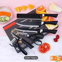 CUCHILLO MULTIFUNCIONAL PARA CORTAR FRUTAS, RALLADOR DE COCINA, TIJERAS, JUEGO DE 6 CUCHILLOS DE COCINA - Negro - Ver 1