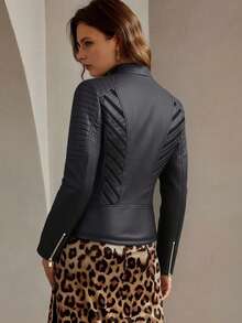 Veste de moto en cuir PU de mode pour femmes Risissida - Veste de style de rue décontractée convenant pour le printemps et l'automne Noir - Noir - Voir 2