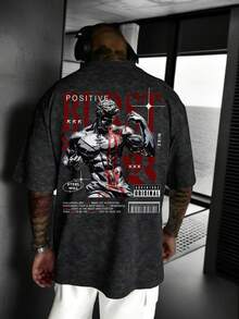 Zrgoth 男士休闲百搭简约雕塑英文标语印花水洗短袖T恤 - 黑色 - 查看 1