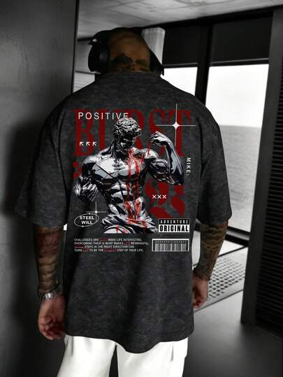 Zrgoth Men's Casual Versatile Minimalist Sculpture English Slogan Print Washed Short Sleeve T-Shirt