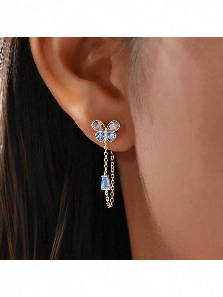 1 par de pendientes de mariposa con borlas de cristal azul y morado de plata de ley 925, diseño único de ganchos para la oreja - pendiente único - Ver 1