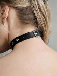 1pc Women's Punk Style Adjustable Black Faux Leather Choker Necklace, Metal Splice Collar Necklace Suitable For Carnival Party Or Cosplay - Black - View 4