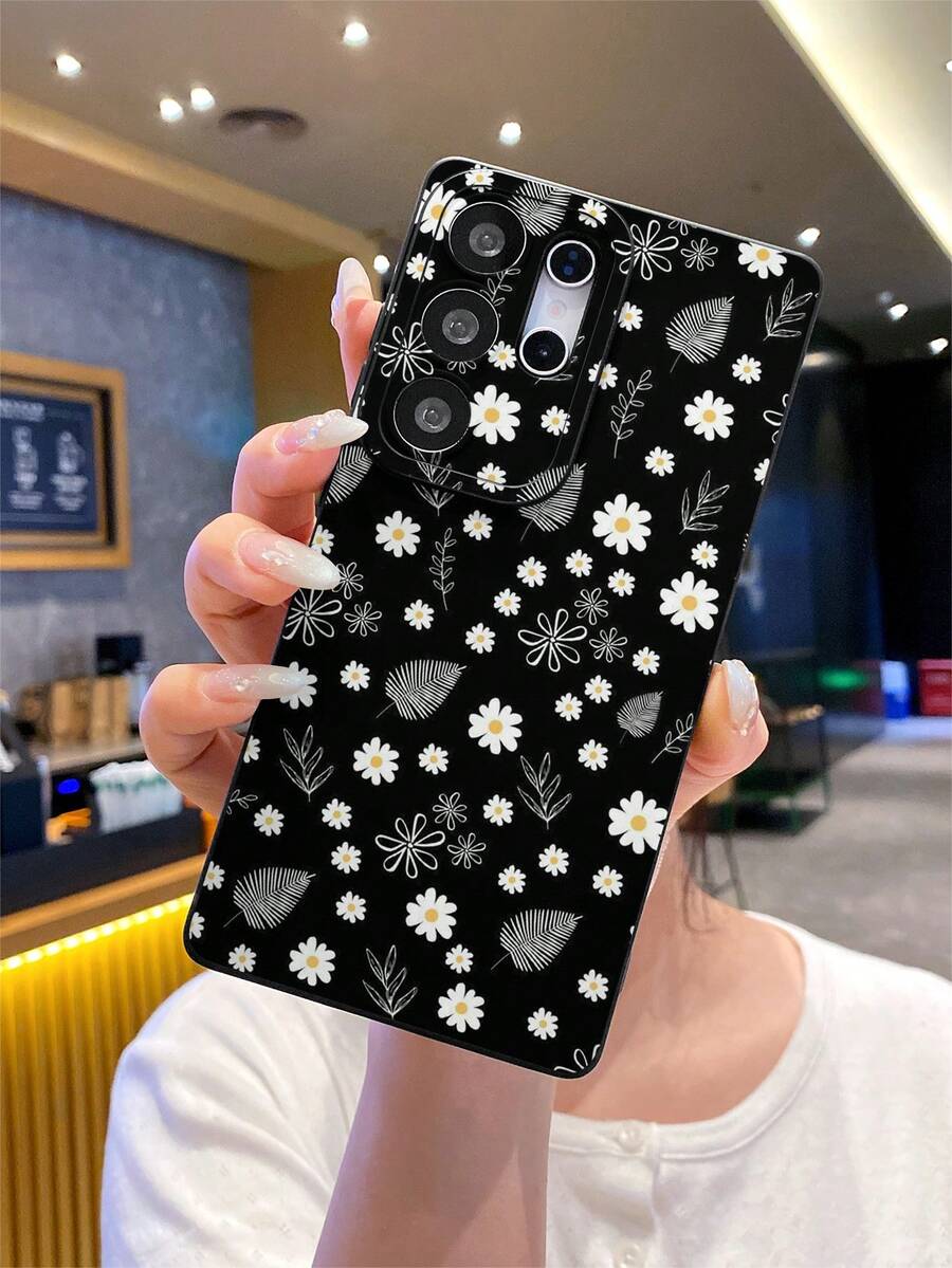 1pc Fashion Personalized Full Screen Daisy Plant Leaf Painting Pattern, Black Matte Texture TPU Material Protective Phone Case, Suitable As Gift For Boyfriend/Girlfriend, Compatible With Samsung, OPPO, Vivo And Other Android Phones - Multicolor - View 1