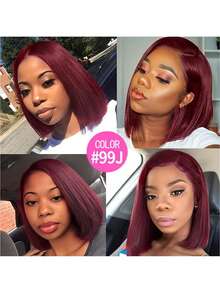 【16英寸酒红色波波头假发】优雅短款波波头蕾丝前假发，13x4透明蕾丝前假发，200%密度，短直波波头假发，真人发，预先拔毛，适合角色扮演和日常佩戴。时尚直短波波头假发，真人发，适合初学者，99J易戴假发，预先拔毛，预先剪裁，优雅日常及特殊场合发型，适合女性。8-16英寸酒红色直短波波头假发 - S99J - 查看 7