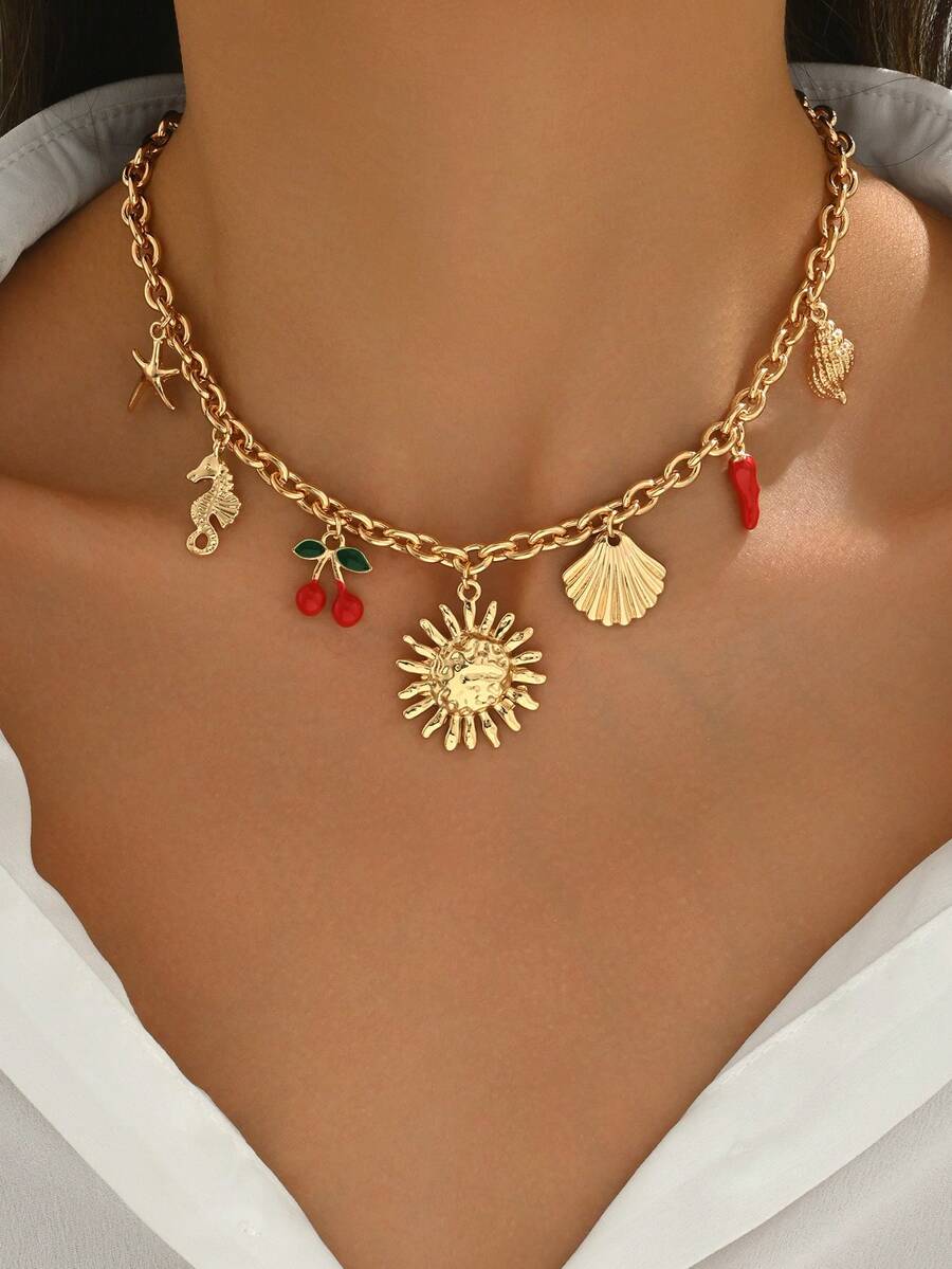 1 chiếc dây chuyền hợp kim vàng mùa hè với mặt dây chuyền hình mặt trời, quả anh đào, ớt, vỏ sò, sao biển, cá ngựa, phù hợp với trang phục hàng ngày của nữ, đi biển, dự tiệc, lễ hội âm nhạc. Chiều dài dây chuyền có thể tùy chỉnh. - nhiều màu - Xem 1
