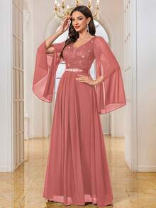 MIUSOL Women's Sequin Floral Lace Patchwork Deep V-Neck Chiffon Long Sleeve Rhinestone Ruched Hem Formal Party Dress Wedding Spring - Dusty Pink - View 6