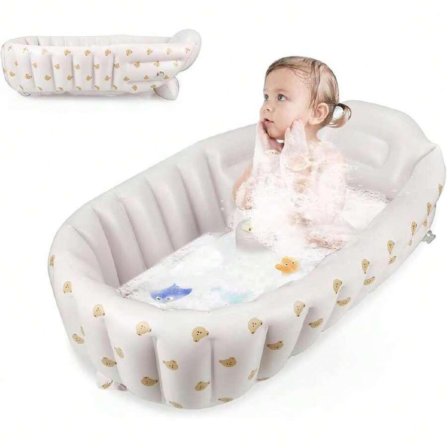 Bañera Inflable Para Niños,Ducha Portátil De Viaje Con Bomba De Aire Integrada Y Soporte Para La Espalda,Antideslizante,Inflar,Desinflar Y Plegar. (Albaricoque-cabeza de oso),40985611 - C - Ver 1