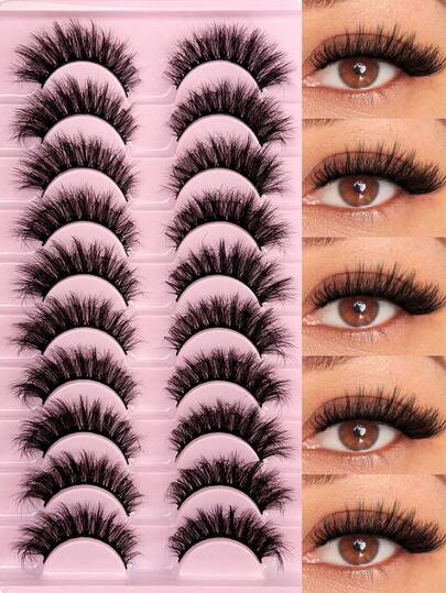 Hinarin 10 Pairs False Eyelashes Fluffy Wispy 3D Faux Mink Eyelashes Volume Crossed Cat Eye Natural Black Band Fake Eyelash Reusable Fluffy Long Foxy Eye Messy Fake Lashes Extensions Travel Essentials Makeup Tools