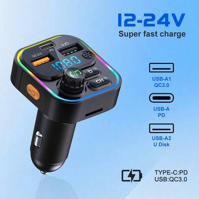 Car FM Wireless Transmitter, Multi-Functional Car Charger, Supports USB Flash Drive Playback, One-Button Hands-Free Calling, Universal Type