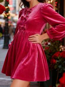 Women's Velvet Mini Dress Solid Color Long Sleeve Round Neck Front Bow Dress Casual Work Dress - Màu Hồng Tươi - Xem 5