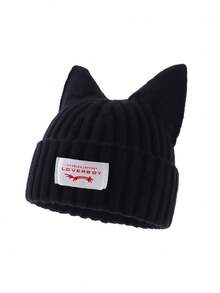 1pc Men's Fashion Loverboy Patch Cat Ear Knit Beanie Hat, Suitable For Autumn/Winter Daily Wear And Keeping Warm - A - View 3