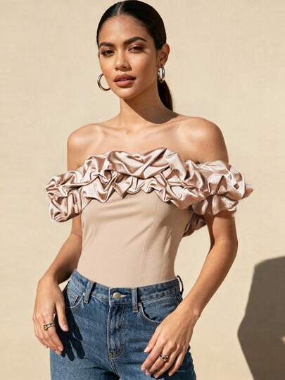 1pc Solid Color Ruffle Trim/Frill Off Shoulder Blouse, Suitable For Vacation, Dates, Birthday Parties, Travel, Spring/Summer