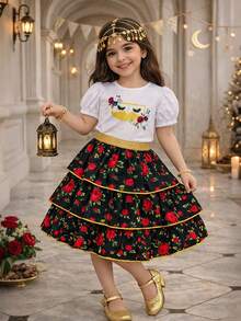 H HIBOBI 两件套女童开斋节套装 - 泡泡袖T恤，饰有金色口罩和花卉印花；黑色玫瑰花层叠荷叶边半身裙，饰有金色滚边；亮面弹力腰带；适合4-7岁女孩 - 黑色 - 查看 2