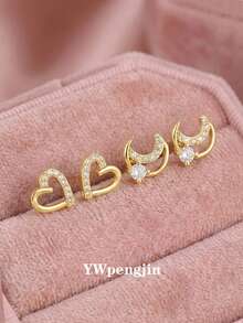 2对甜美时尚的镶钻锆石心形月亮耳钉，适合街头派对、约会、度假、日常佩戴，也是周年纪念日、情人节的理想礼物。 - 金色 - 查看 1