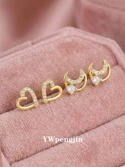 2pairs Sweet Beautiful Stylish Pave Zirconia Heart & Moon Stud Earrings For Street Party Dates Vacation Daily Wear Jewelry Accessory For Anniversary Valentine's Day Gift