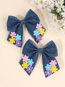 2个蓝色蝴蝶结发夹，布艺长尾花朵装饰发夹，时尚发饰，适合女孩日常佩戴 - 藍色 - 查看 4