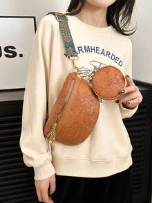 2pcs Set Embossed Waist Bag & Chest Bag, Fashion Chinese Style Handbags, Large Capacity - Brown - View 7