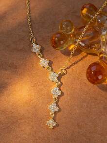 1件装时尚奢华流苏四叶草微镶全钻项链，女士款，精致闪耀高端花卉颈链，独特欧美奢华风格手链 - 四花鑽石項鍊 - 查看 5