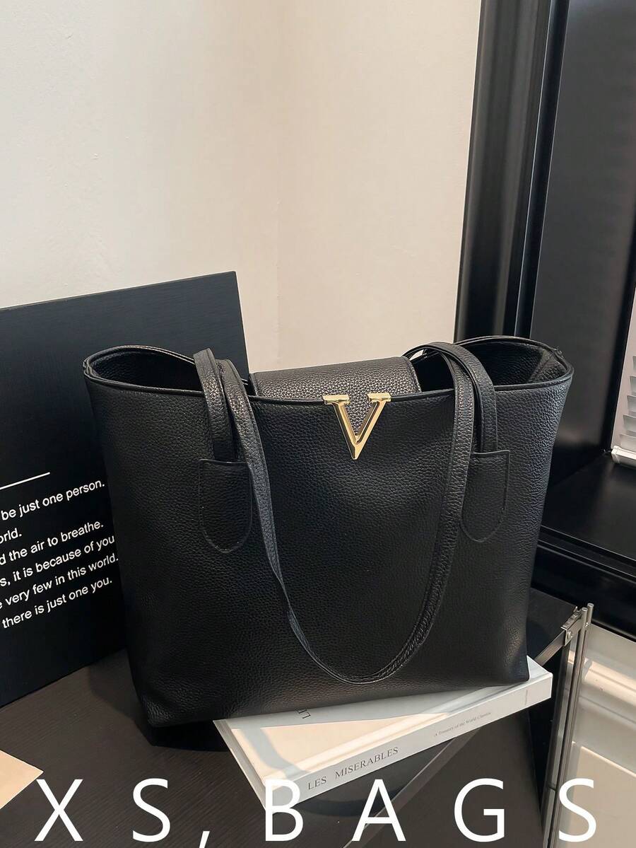 新款大容量女士手提包，时尚百搭手提包，简约通勤腋下包 - 黑色 - 查看 1