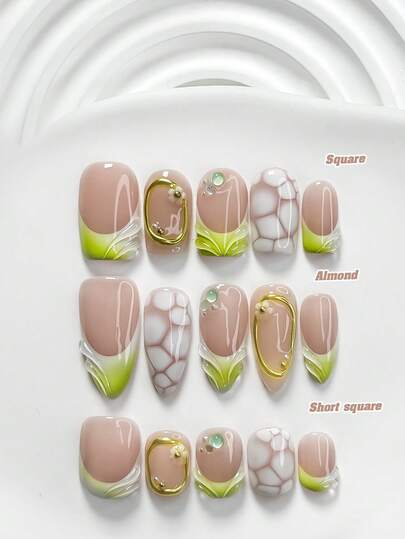 10 piezas Nuevo Set de Arte de Uñas de Gel con Diseño de Aguacate Poligonal, Uñas Acrílicas Prensadas, Textura de Piedra Pintada a Mano y Líneas Metálicas, Decoración de Flores 3D Blancas, unicolor Efecto Ondas de Agua, Esmalte de Uñas Verde Degradado, Estilo Delicado para Niñas, Regalo Ideal de Arte de Uñas Hecho a Mano para Mujeres y Niñas