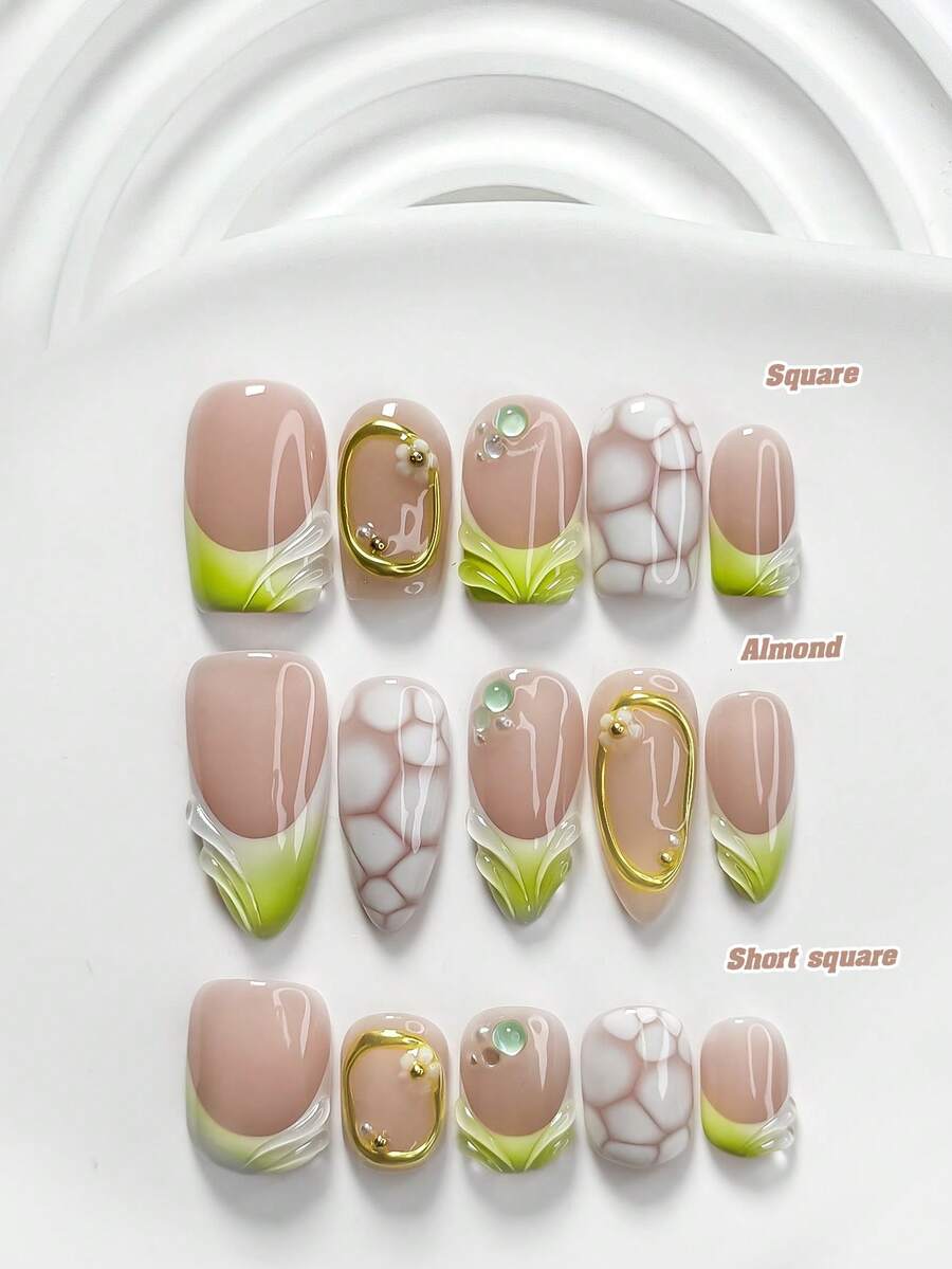 Bộ 10 móng tay gel nghệ thuật hình đa giác quả bơ mới, móng giả acrylic, họa tiết đá vẽ tay và đường kẻ kim loại, trang trí móng hoa 3D màu trắng, màu trơn gợn sóng, sơn móng tay màu xanh gradient, phong cách dịu dàng, quà tặng nghệ thuật làm móng lý tưởng cho phụ nữ và bé gái. Móng giả thủ công. - Nhiều màu - Xem 1