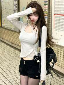 性感撞色蕾丝长袖T恤，修身剪裁，优雅时尚 - 白色 - 查看 4