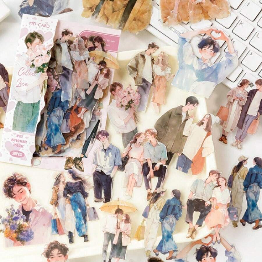 Set de 30 pegatinas de PET de Momo, serie de personajes coreanos "Happy Live", adecuadas para scrapbooking, cuadernos, portátiles, botellas de agua, decoraciones de fiesta, regalos festivos, suministros de scrapbooking, pegatinas divertidas, suministros de scrapbooking - Entrega aleatoria - Ver 1