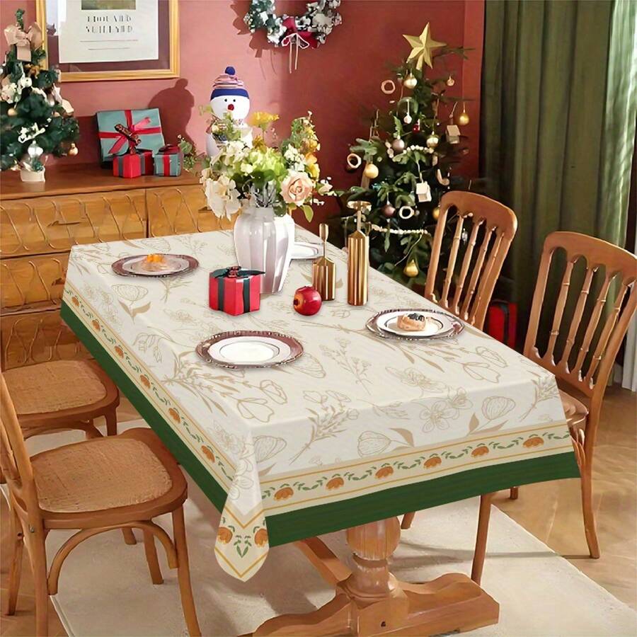 1pc Large Elegant European Linen Tablecloth With Floral Print - Rectangular Dining Table Cover, , Machine- For, Restaurant, Wedding, Banquet - Durable & Easy-Care Linen Fabric - Multicolor - View 1