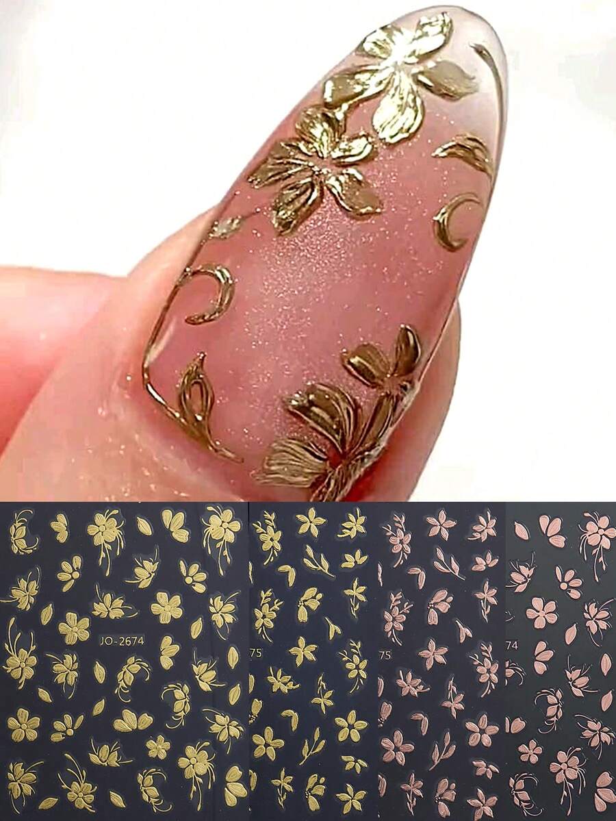 4/2pcs Gold & Rose Gold Petal Leaf Pattern Nail Art Stickers - Adorable & Charming Spring/Summer Nail Decals, Self-Adhesive Nail Stickers, DIY Nail Salon Accessories, Nail Art Supplies - Multicolor - View 1