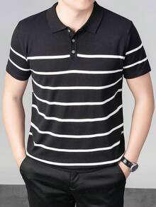 1pc Men's Striped Polo Shirt, Cardigan Top With Collar And Buttons, Short Sleeve Sweater - Black and White - View 3