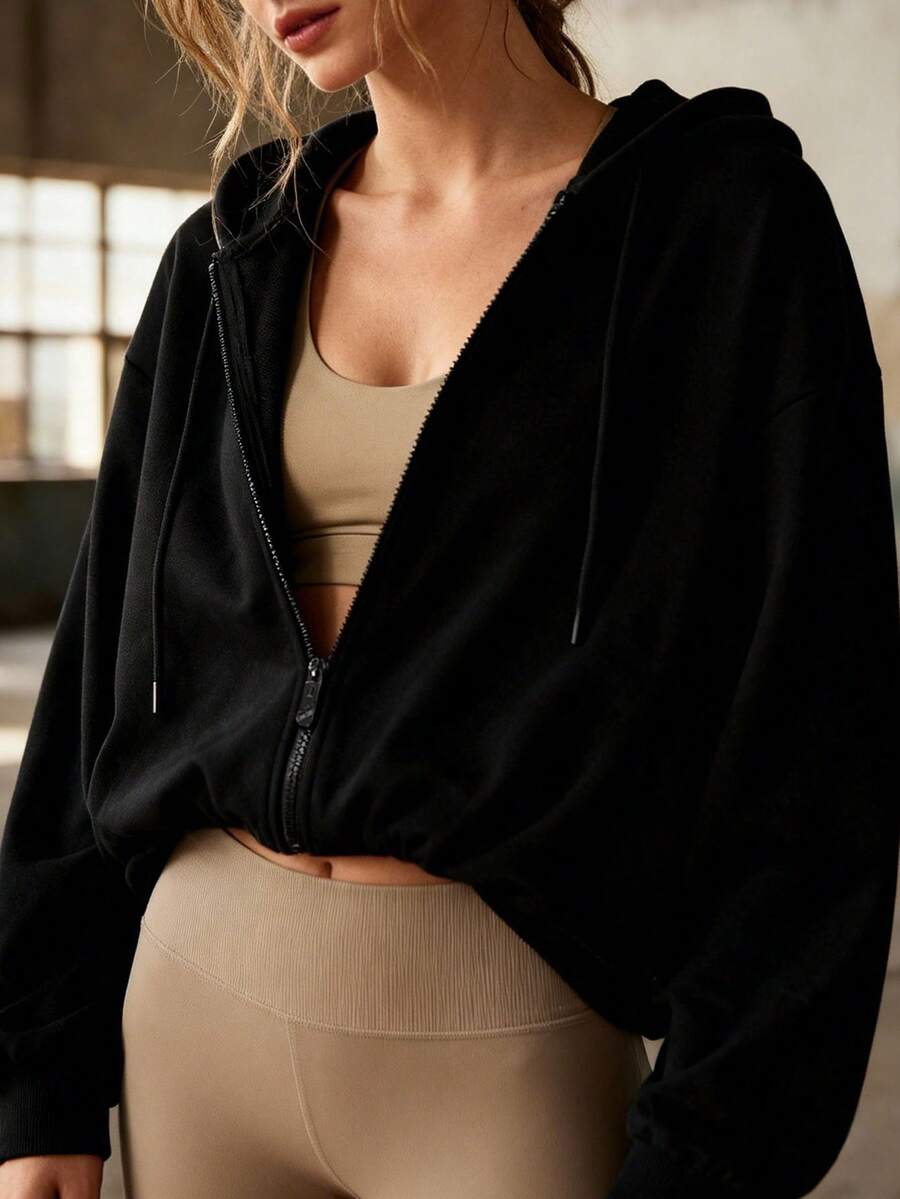 Women's Hooded Zipper Sweatshirt, Short Solid Color Sweatshirt Suitable For Fitness, Outdoor Sports And Casual Street Style, Spring/Summer - Black - View 1