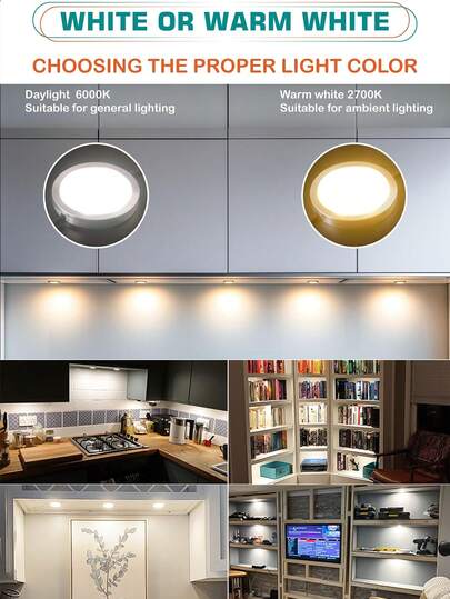 LED夜灯，圆形橱柜吸顶灯，USB供电，触摸感应控制，暖白光/冷白光可选，安装简便，适用于楼梯、走廊、卧室、衣柜和橱柜装饰。