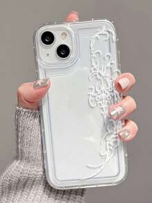 1pc White Line Floral Pattern Transparent Full Coverage Anti-Drop TPU Minimalist Phone Protective Case Compatible With IPhone 11 12 13 14 15 16 17 Pro Max, A55/54/53/52/51, S25/24/23/22/21 Series - Multicolor - View 3