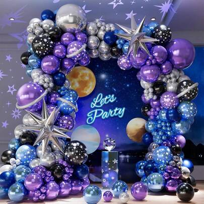 116pcs Starry Sky-Themed Balloon Arch Set, Includes Exploding Star Foil Balloons And Metallic Purple, Silver, Blue, And Black Latex Balloons. Perfect For Birthday Parties, Baby Showers, First Birthday Parties, Game Decorations, And Galaxy/Space-Themed Party Decorations.